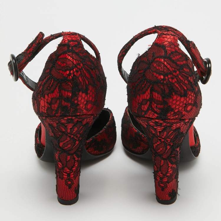 Pre Owned Dolce & Gabbana Red/Black Lace and Mesh Ankle Strap Pumps Size 38