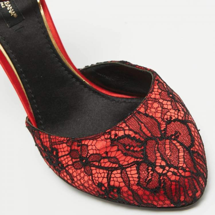 Pre Owned Dolce & Gabbana Red/Black Lace and Mesh Ankle Strap Pumps Size 38