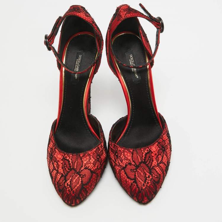 Pre Owned Dolce & Gabbana Red/Black Lace and Mesh Ankle Strap Pumps Size 38