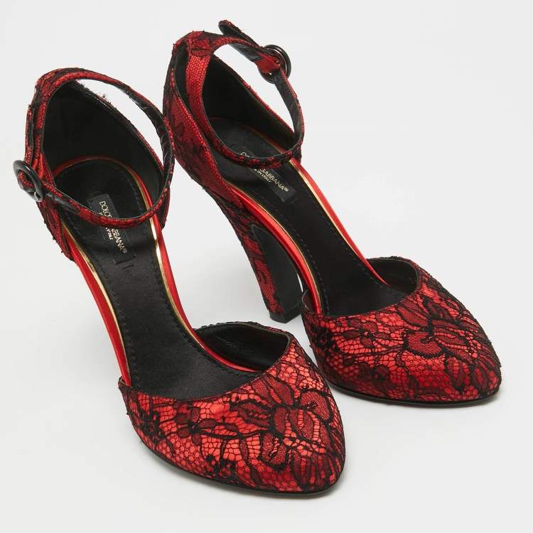 Pre Owned Dolce & Gabbana Red/Black Lace and Mesh Ankle Strap Pumps Size 38