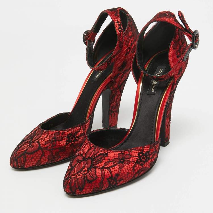 Pre Owned Dolce & Gabbana Red/Black Lace and Mesh Ankle Strap Pumps Size 38