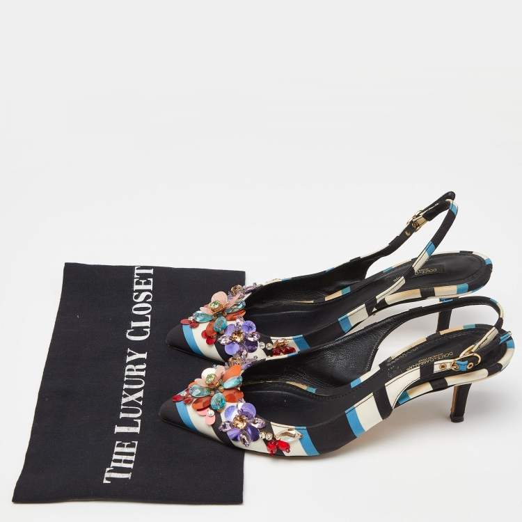 Pre Owned Dolce & Gabbana Multicolor Fabric Crystal Embellished Slingback Pumps Size 38