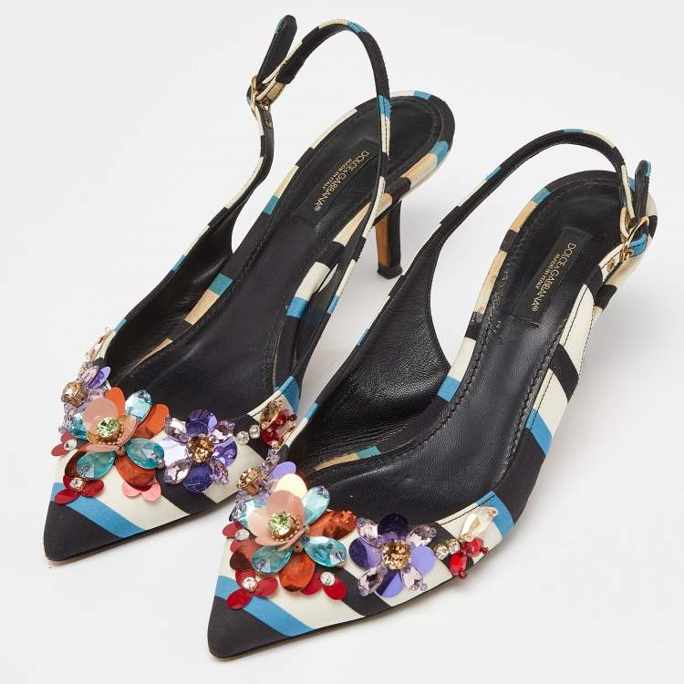 Pre Owned Dolce & Gabbana Multicolor Fabric Crystal Embellished Slingback Pumps Size 38
