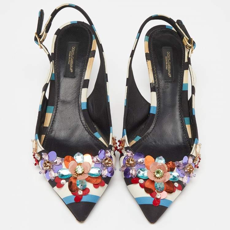 Pre Owned Dolce & Gabbana Multicolor Fabric Crystal Embellished Slingback Pumps Size 38