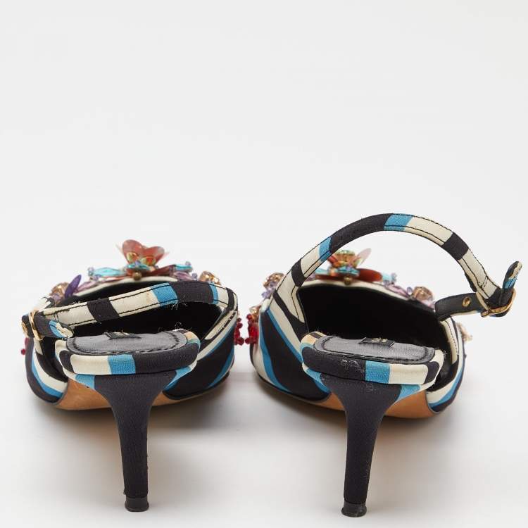 Pre Owned Dolce & Gabbana Multicolor Fabric Crystal Embellished Slingback Pumps Size 38