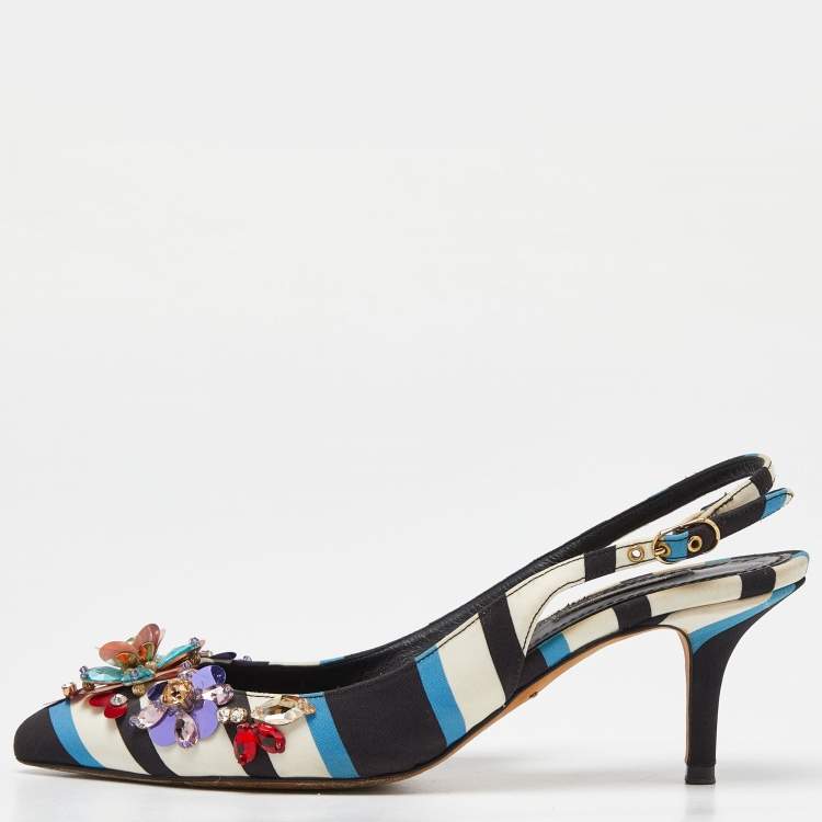 Pre Owned Dolce & Gabbana Multicolor Fabric Crystal Embellished Slingback Pumps Size 38