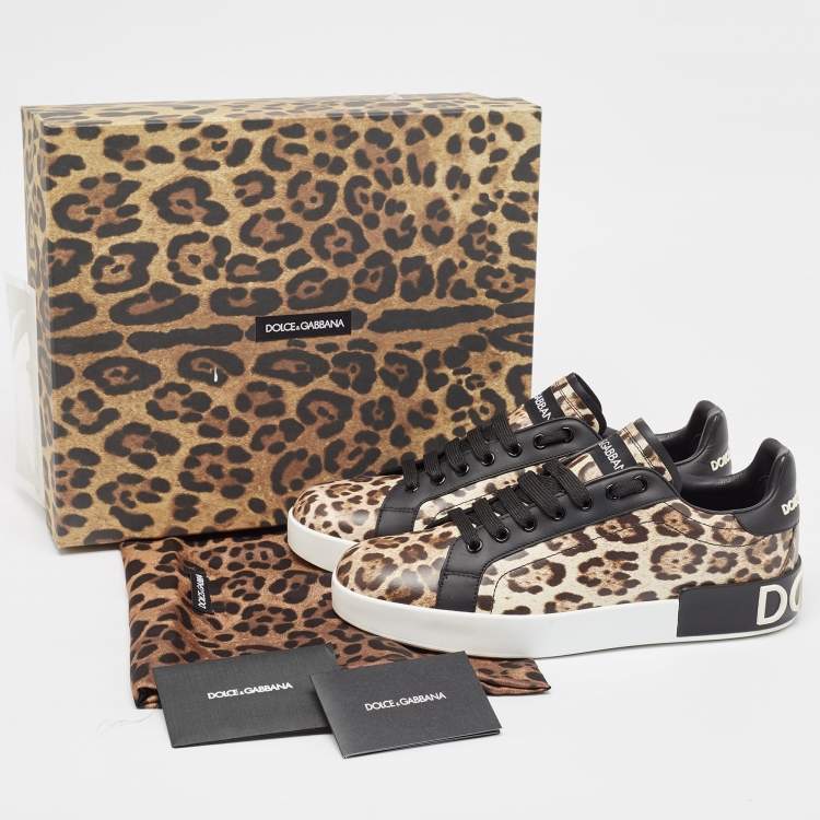 Pre Owned Dolce & Gabbana Black/Brown Leopard Print Leather Portofino Low Top Sneakers Size 40