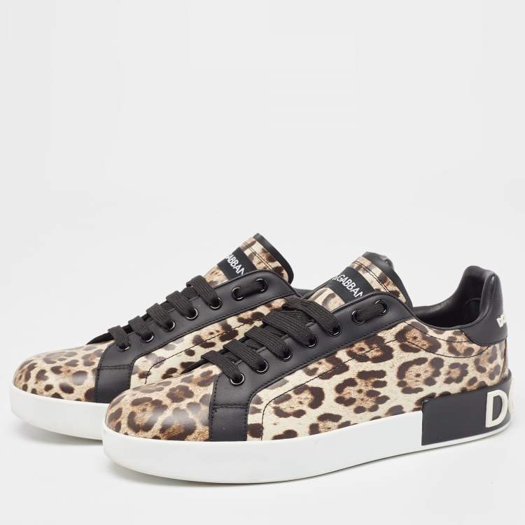 Pre Owned Dolce & Gabbana Black/Brown Leopard Print Leather Portofino Low Top Sneakers Size 40