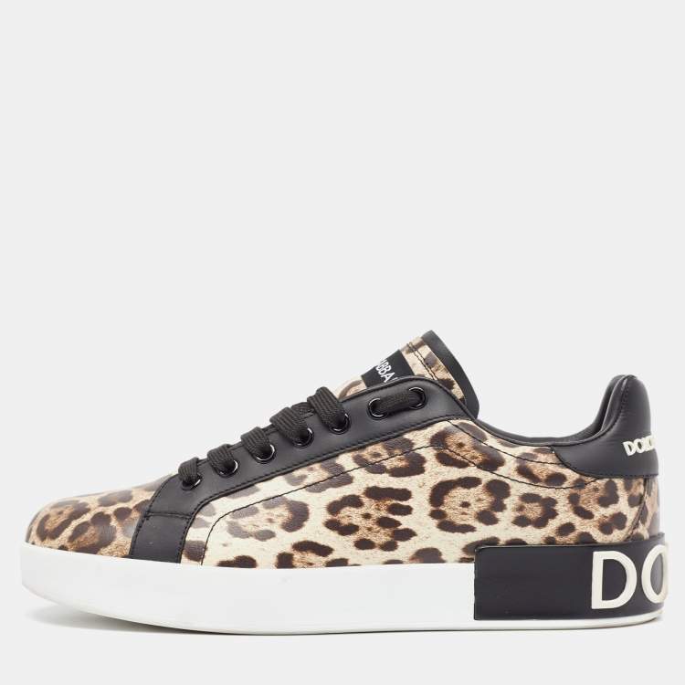 Pre Owned Dolce & Gabbana Black/Brown Leopard Print Leather Portofino Low Top Sneakers Size 40