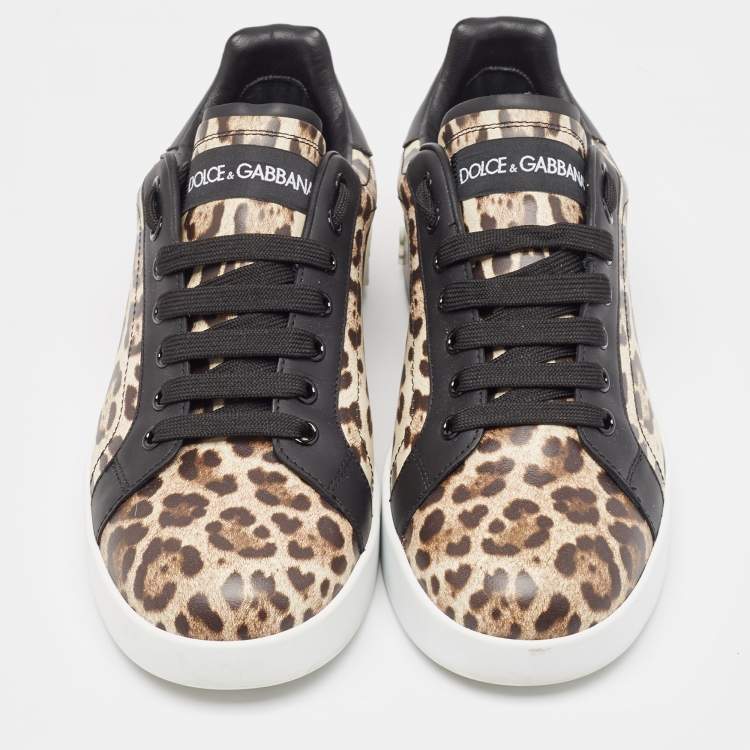 Pre Owned Dolce & Gabbana Black/Brown Leopard Print Leather Portofino Low Top Sneakers Size 40