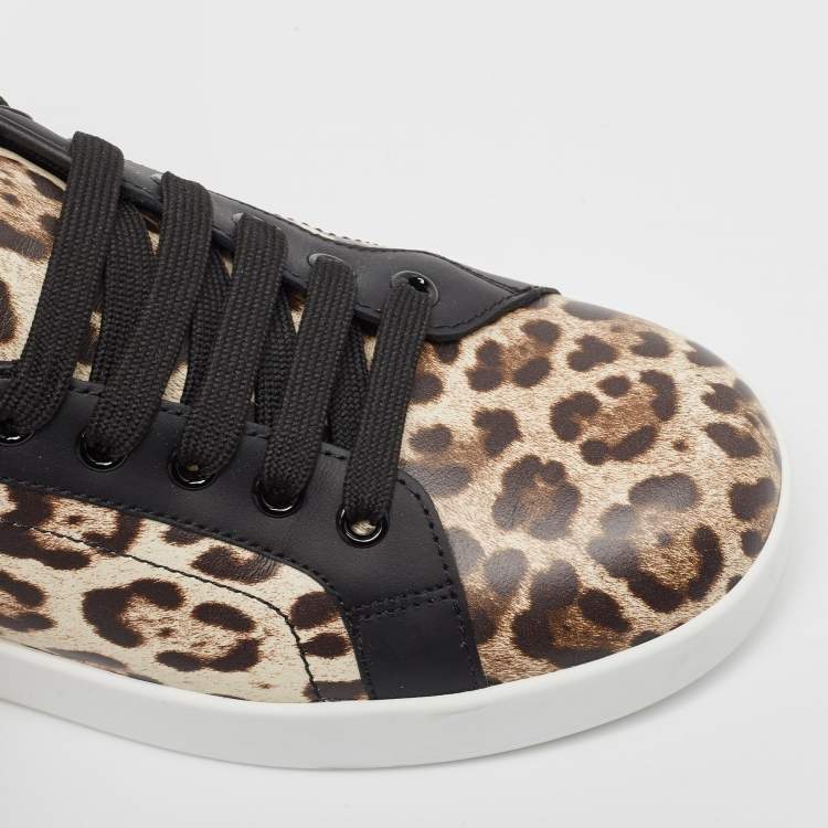 Pre Owned Dolce & Gabbana Black/Brown Leopard Print Leather Portofino Low Top Sneakers Size 40