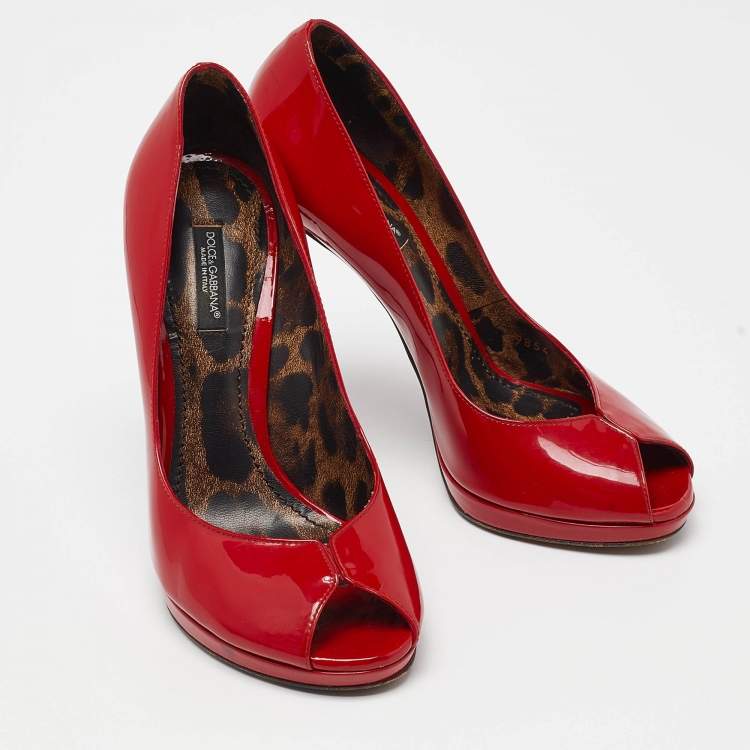 Pre Owned Dolce & Gabbana Red Patent Leather Peep-Toe Platform Pumps Size 37