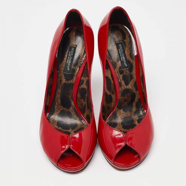 Pre Owned Dolce & Gabbana Red Patent Leather Peep-Toe Platform Pumps Size 37