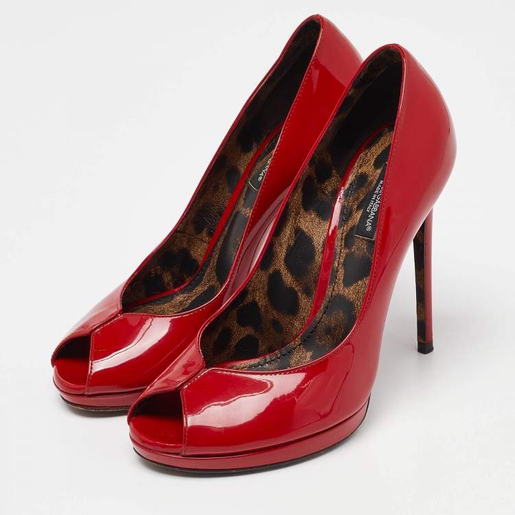 Pre Owned Dolce & Gabbana Red Patent Leather Peep-Toe Platform Pumps Size 37