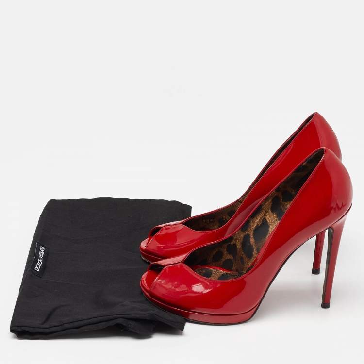 Pre Owned Dolce & Gabbana Red Patent Leather Peep-Toe Platform Pumps Size 37