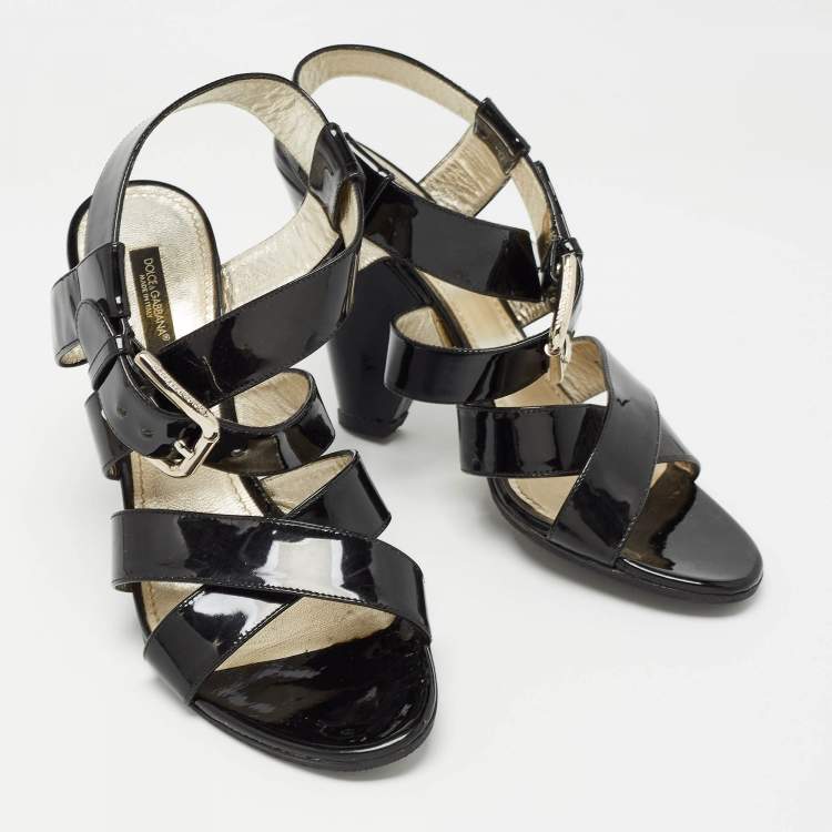 Pre Owned Dolce & Gabbana Black Patent Leather Ankle Strap Sandals Size 38.5