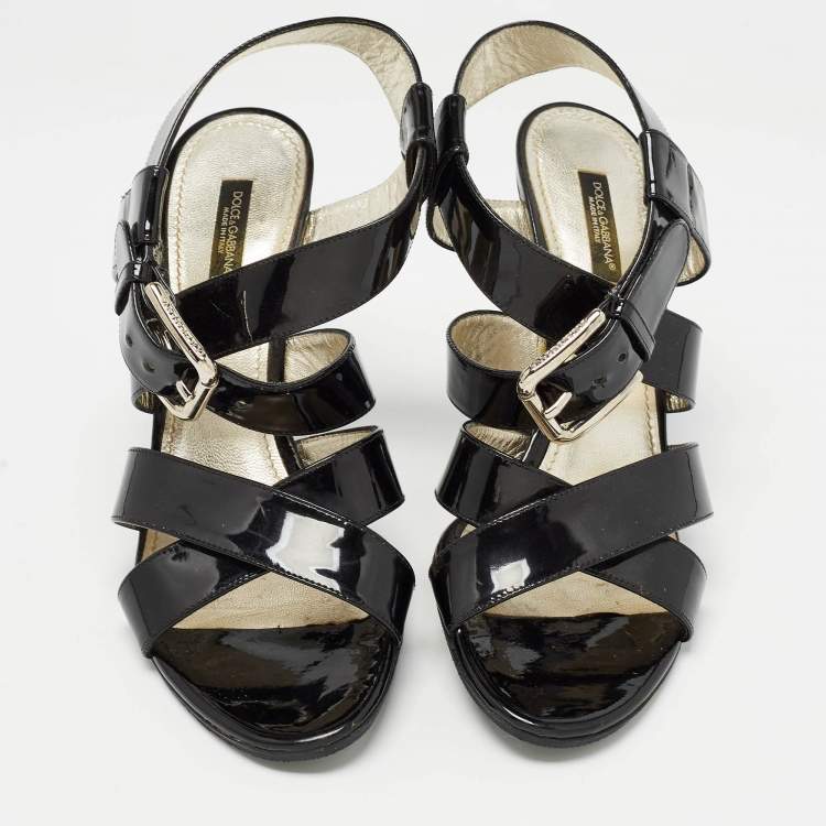 Pre Owned Dolce & Gabbana Black Patent Leather Ankle Strap Sandals Size 38.5