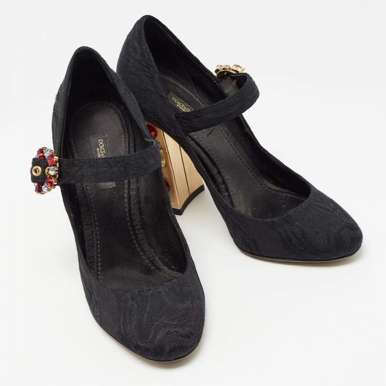Pre Owned Dolce & Gabbana Black Canvas Crystal Embellished Block Heel Mary Jane Pumps Size 37