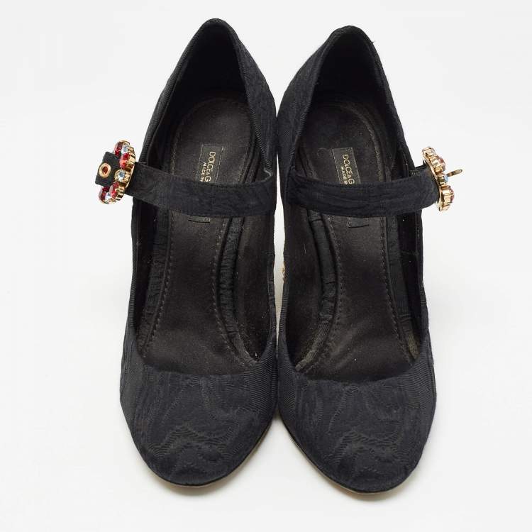 Pre Owned Dolce & Gabbana Black Canvas Crystal Embellished Block Heel Mary Jane Pumps Size 37