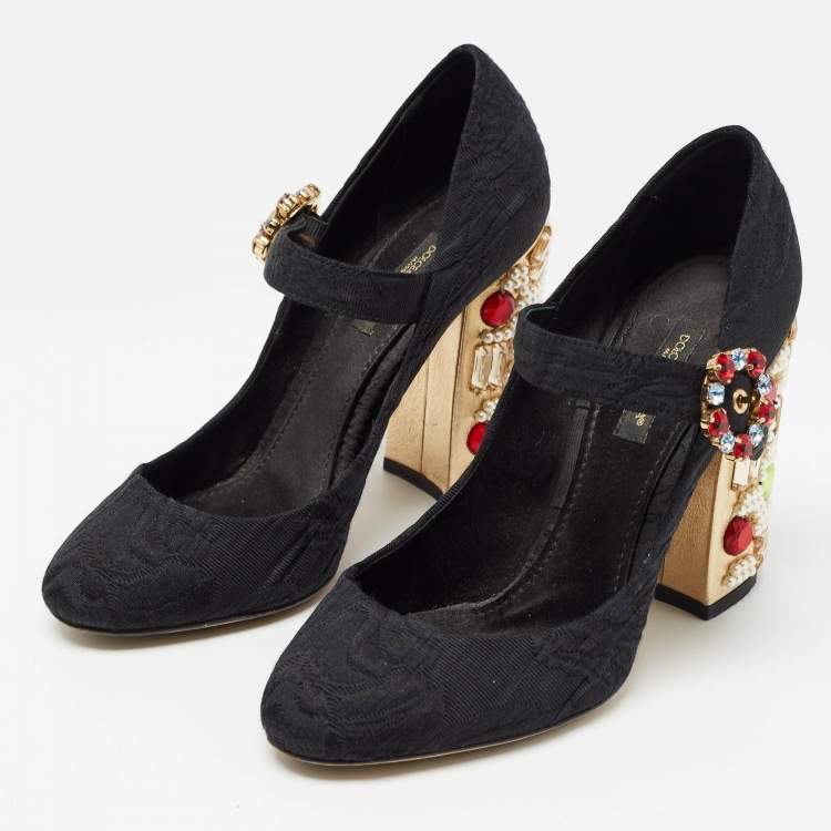 Pre Owned Dolce & Gabbana Black Canvas Crystal Embellished Block Heel Mary Jane Pumps Size 37