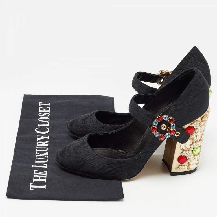 Pre Owned Dolce & Gabbana Black Canvas Crystal Embellished Block Heel Mary Jane Pumps Size 37