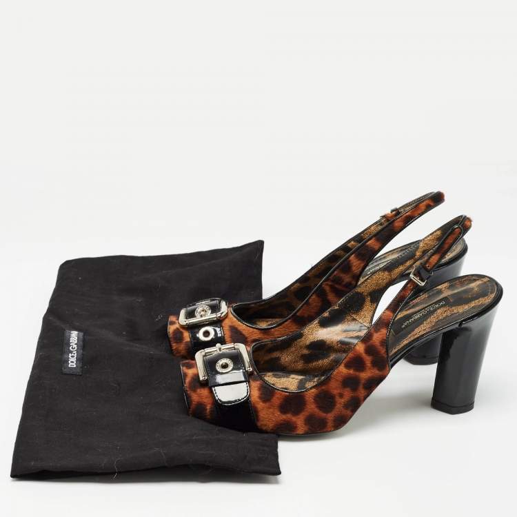 Pre Owned Dolce & Gabbana Brown/Black Leopard Calf Hair and Patent Open Toe Slingback Pumps Size 37