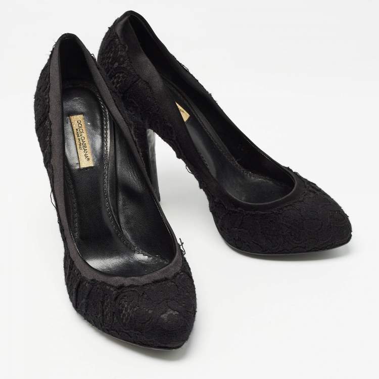 Pre Owned Dolce & Gabbana Black Lace and Satin Round Toe Pumps Size 37.5