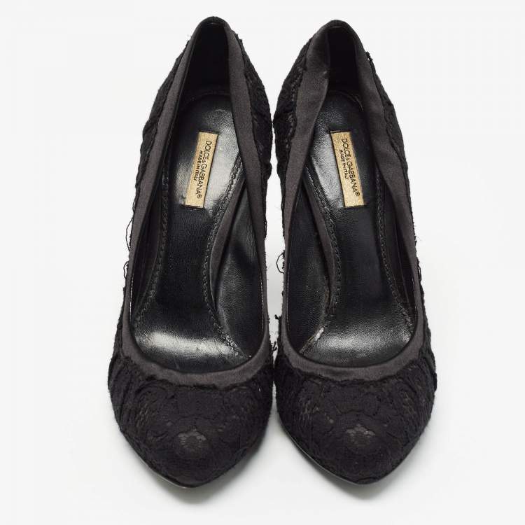 Pre Owned Dolce & Gabbana Black Lace and Satin Round Toe Pumps Size 37.5