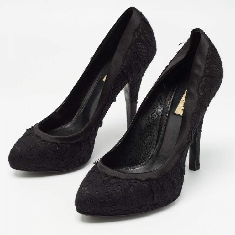 Pre Owned Dolce & Gabbana Black Lace and Satin Round Toe Pumps Size 37.5