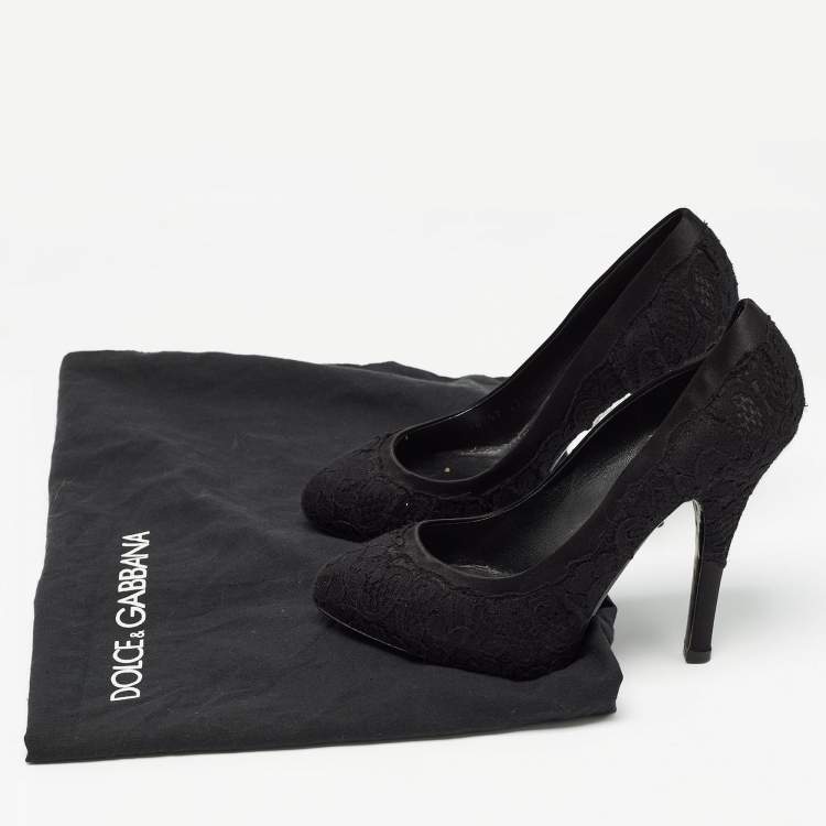 Pre Owned Dolce & Gabbana Black Lace and Satin Round Toe Pumps Size 37.5