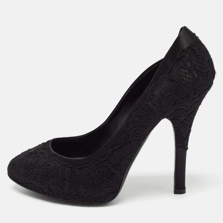 Pre Owned Dolce & Gabbana Black Lace and Satin Round Toe Pumps Size 37.5