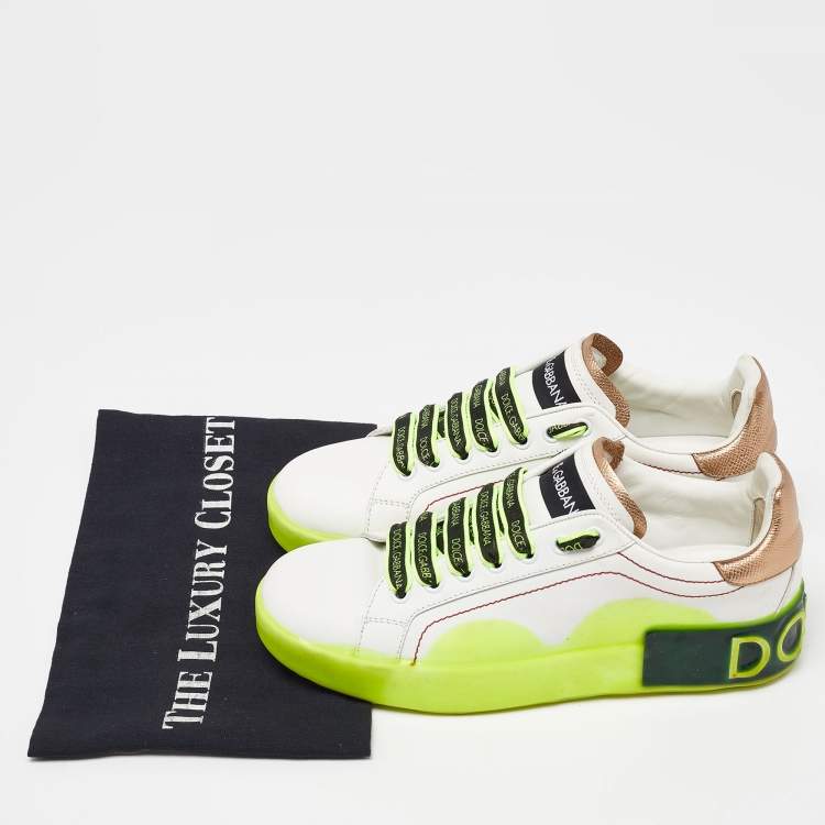 Pre Owned Dolce & Gabbana White/Neon Yellow Leather Portofino Sneakers Size 38