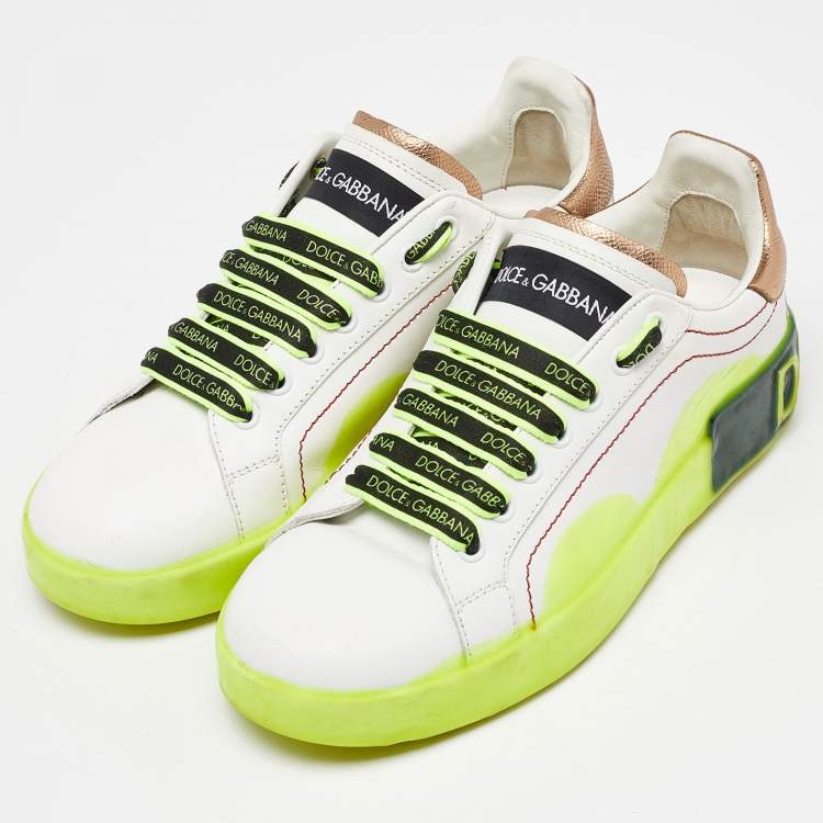 Pre Owned Dolce & Gabbana White/Neon Yellow Leather Portofino Sneakers Size 38