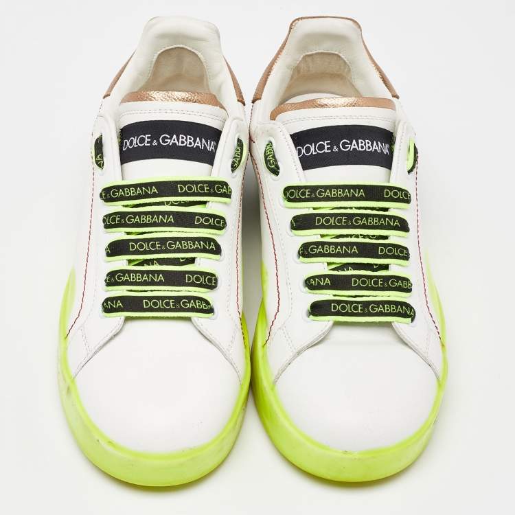 Pre Owned Dolce & Gabbana White/Neon Yellow Leather Portofino Sneakers Size 38