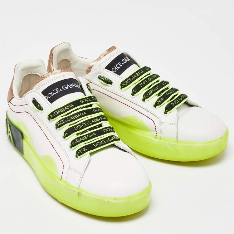 Pre Owned Dolce & Gabbana White/Neon Yellow Leather Portofino Sneakers Size 38