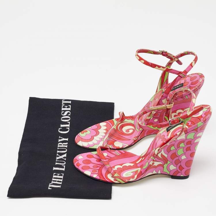 Pre Owned Dolce & Gabbana Multicolor Print Leather Wedge Sandals Size 38.5