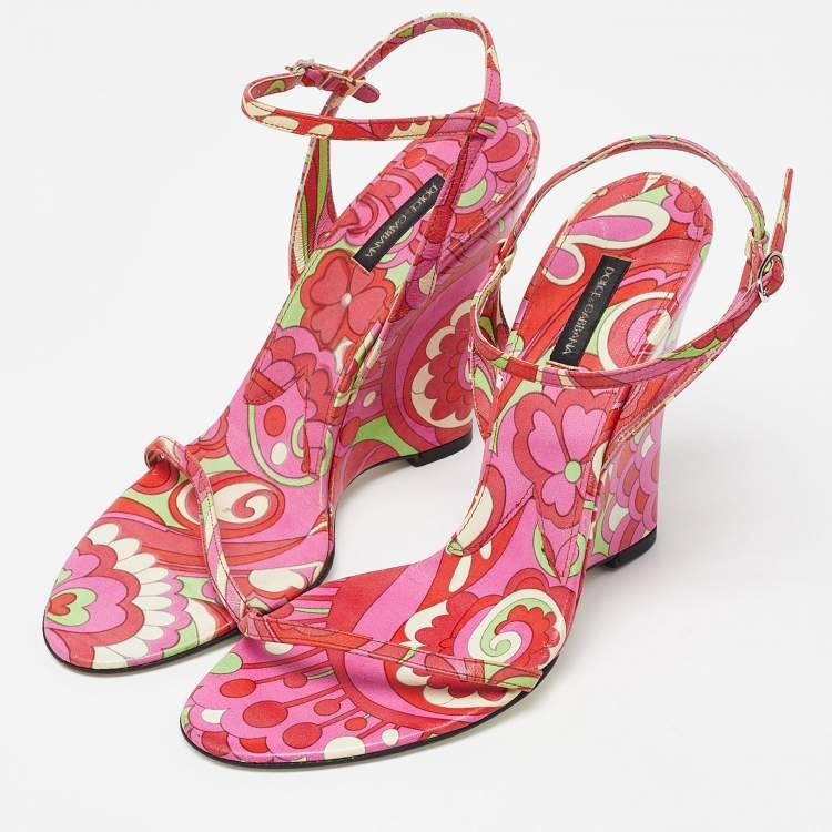 Pre Owned Dolce & Gabbana Multicolor Print Leather Wedge Sandals Size 38.5