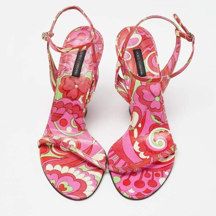 Pre Owned Dolce & Gabbana Multicolor Print Leather Wedge Sandals Size 38.5