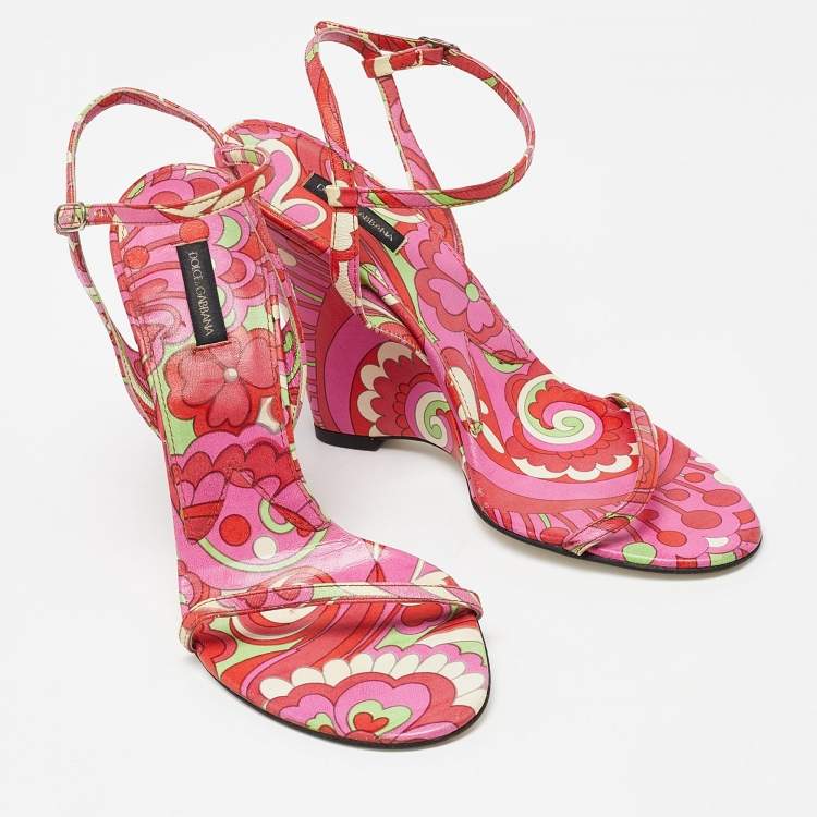 Pre Owned Dolce & Gabbana Multicolor Print Leather Wedge Sandals Size 38.5