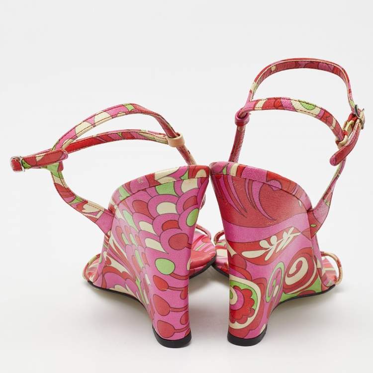 Pre Owned Dolce & Gabbana Multicolor Print Leather Wedge Sandals Size 38.5