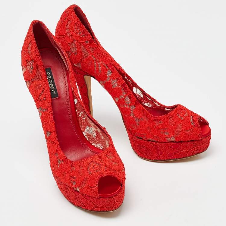 Pre Owned Dolce & Gabbana Red Lace And Satin Peep Toe Platform Pump Size 40