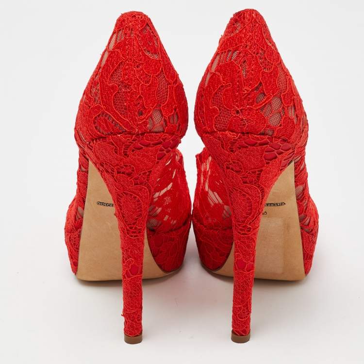 Pre Owned Dolce & Gabbana Red Lace And Satin Peep Toe Platform Pump Size 40