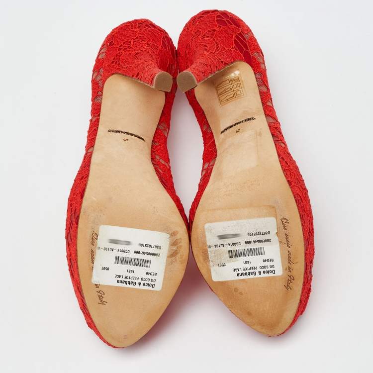 Pre Owned Dolce & Gabbana Red Lace And Satin Peep Toe Platform Pump Size 40