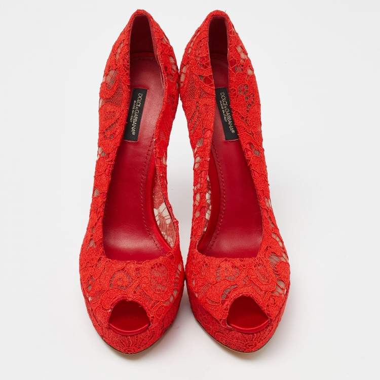 Pre Owned Dolce & Gabbana Red Lace And Satin Peep Toe Platform Pump Size 40