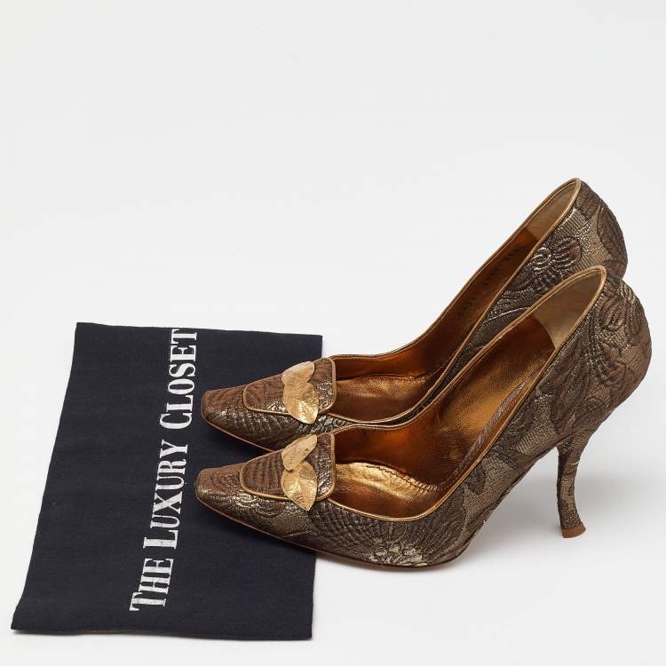 Pre Owned Dolce & Gabbana Brown/Gold Brocade Fabric Pointed Toe  Pumps Size 39.5