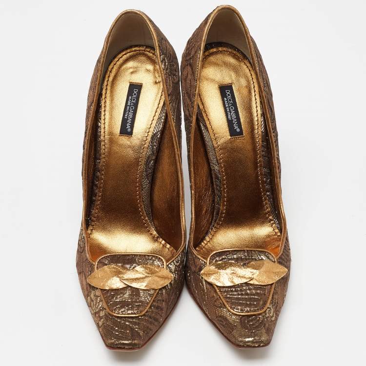 Pre Owned Dolce & Gabbana Brown/Gold Brocade Fabric Pointed Toe  Pumps Size 39.5