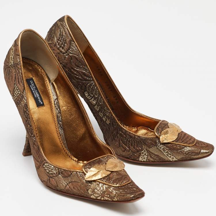 Pre Owned Dolce & Gabbana Brown/Gold Brocade Fabric Pointed Toe  Pumps Size 39.5