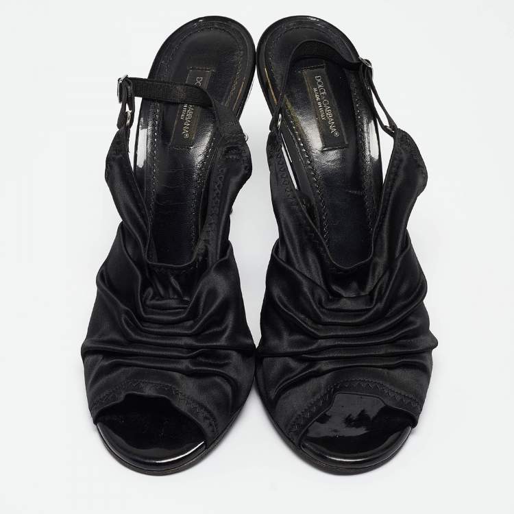 Pre Owned Dolce & Gabbana Black Satin Peep Toe Slingback Sandals Size 39