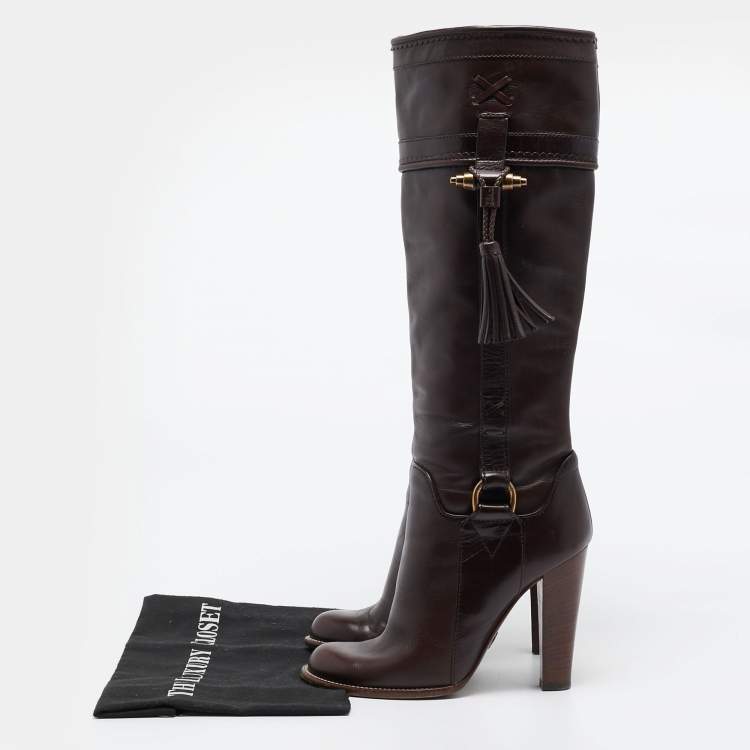 Pre Owned Dolce & Gabbana Brown Leather Knee Length Boots Size 37.5