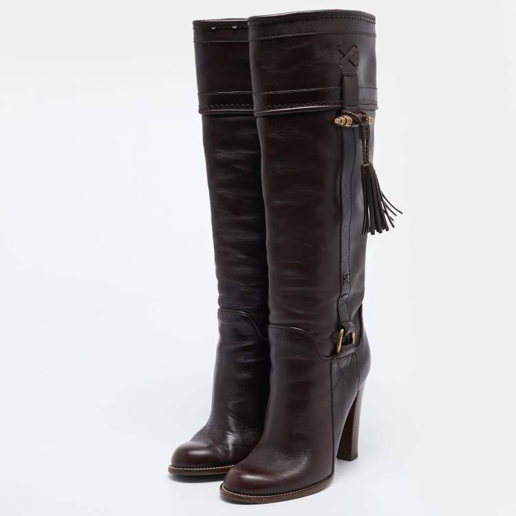 Pre Owned Dolce & Gabbana Brown Leather Knee Length Boots Size 37.5